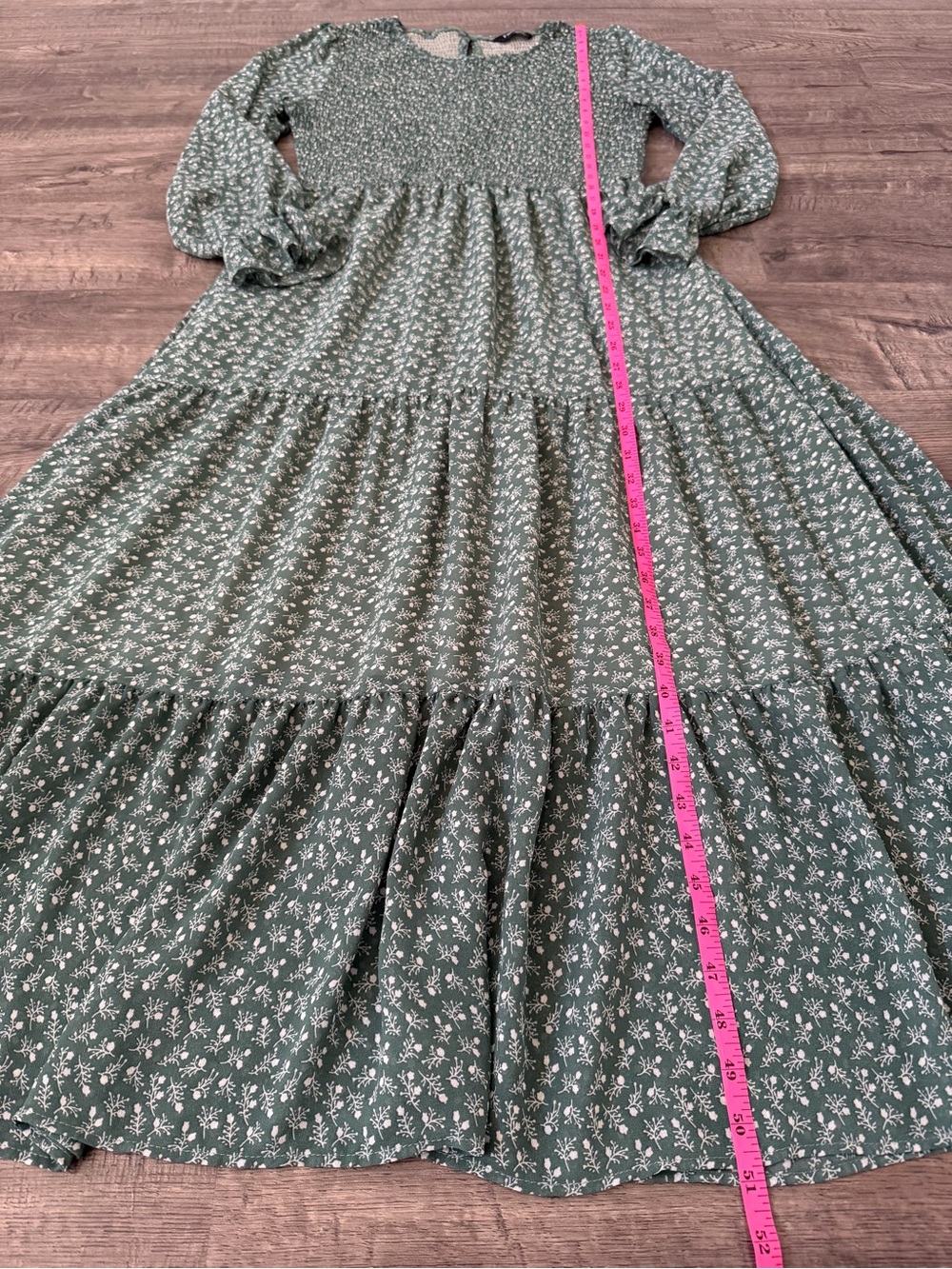 Womens Sage Floral Smocked Maxi Dress Size L Cottagecore Prairie Romantic Tiered - Picture 12 of 13